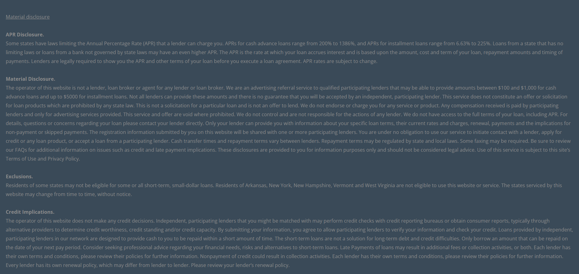 Material disclosure for payday loans in Louisville Kentucky